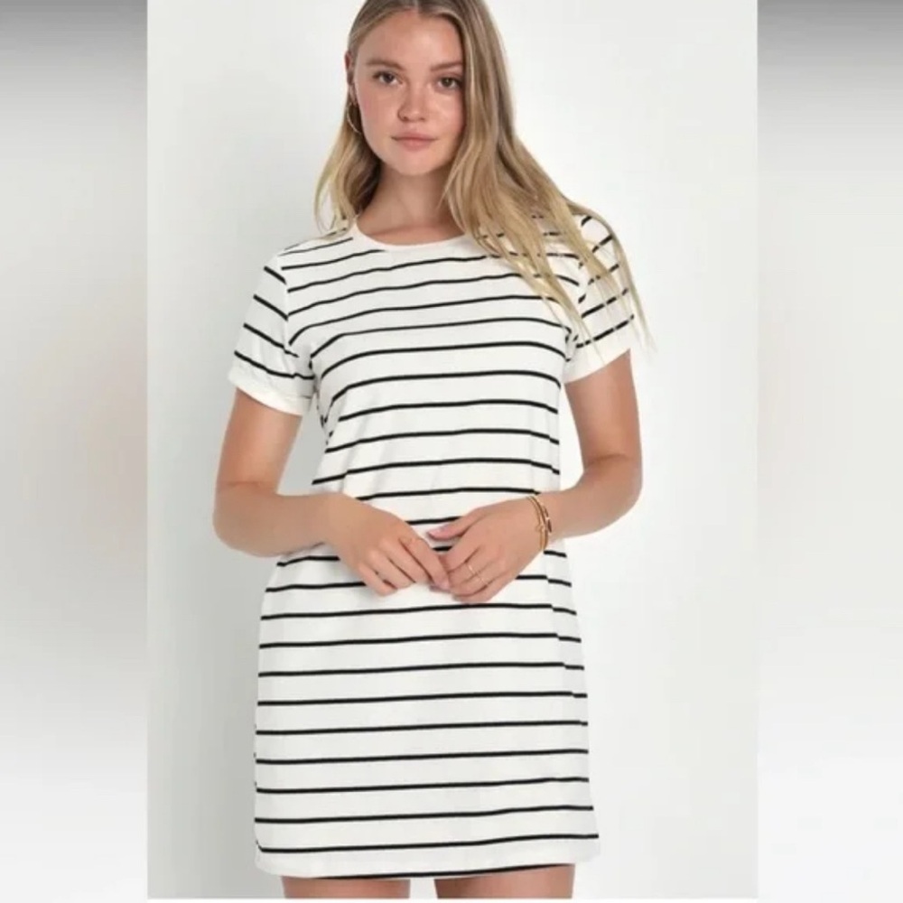 Lulus Cafe Society Black And White Striped T-shirt Dress | Size XL
